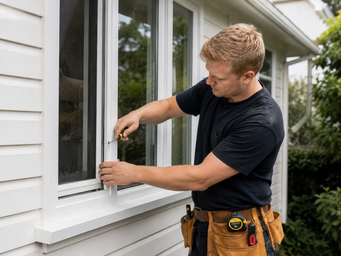 Wellington handyman measuring and repairing a window frame on a weatherboard home