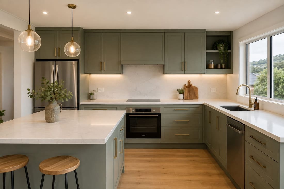Renovated Wellington kitchen with custom sage-green cabinetry, stone benchtops and an island