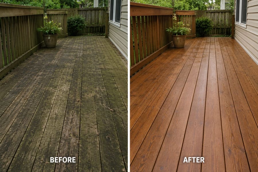 Before and after: a grey, grimy timber deck, then restored to clean warm timber