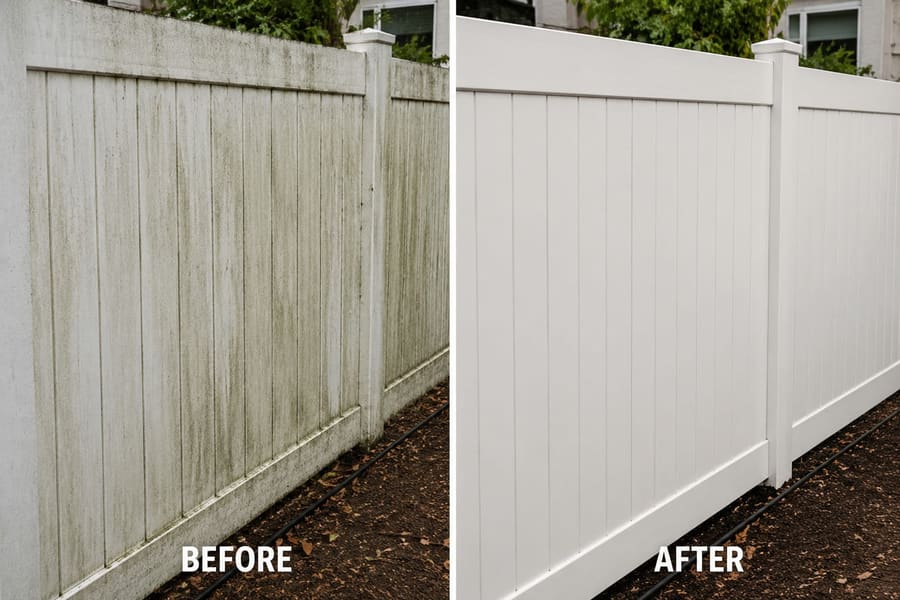 Before and after: a fence streaked with grime and mildew, then washed back to clean white