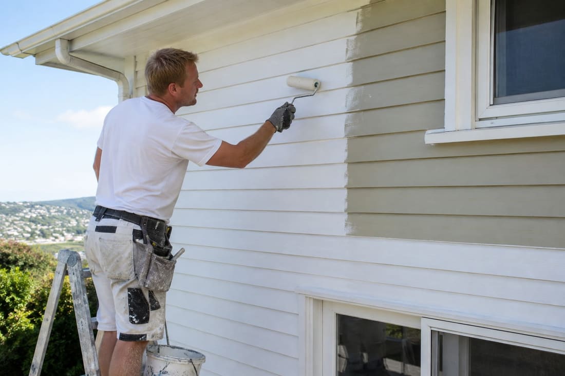 House painting contractor repainting weatherboards on a Wellington hillside home