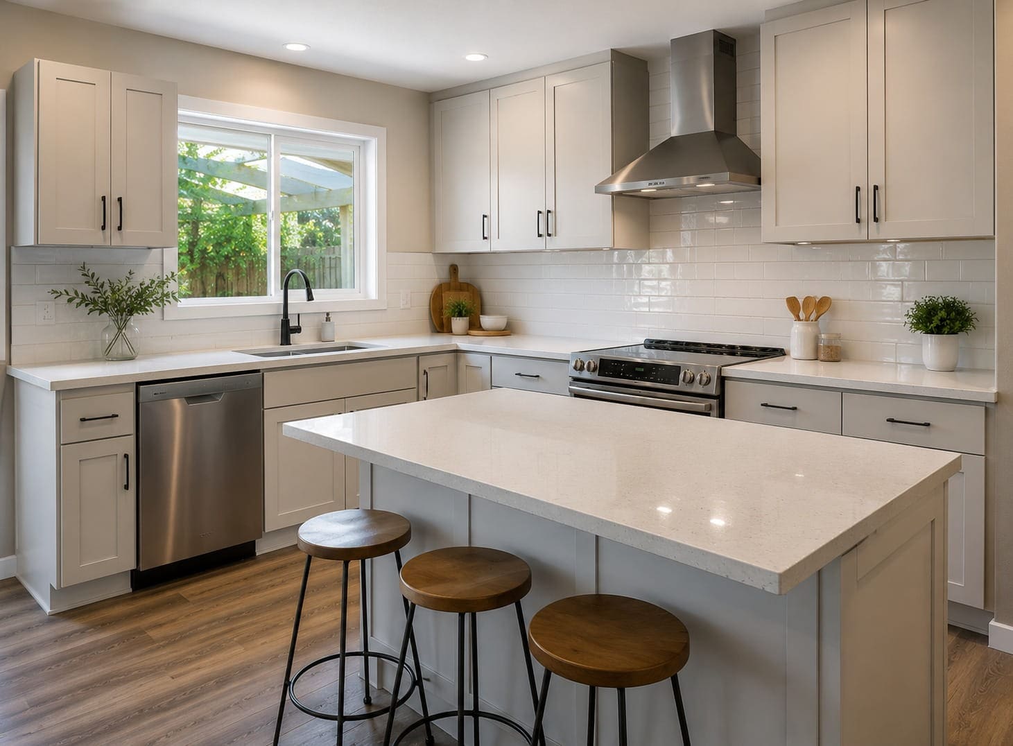 Renovated Wellington kitchen with island bench, stone benchtops and new appliances