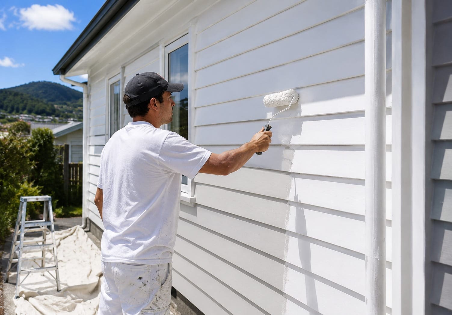 Wellington house painter applying a coat of paint to exterior weatherboards