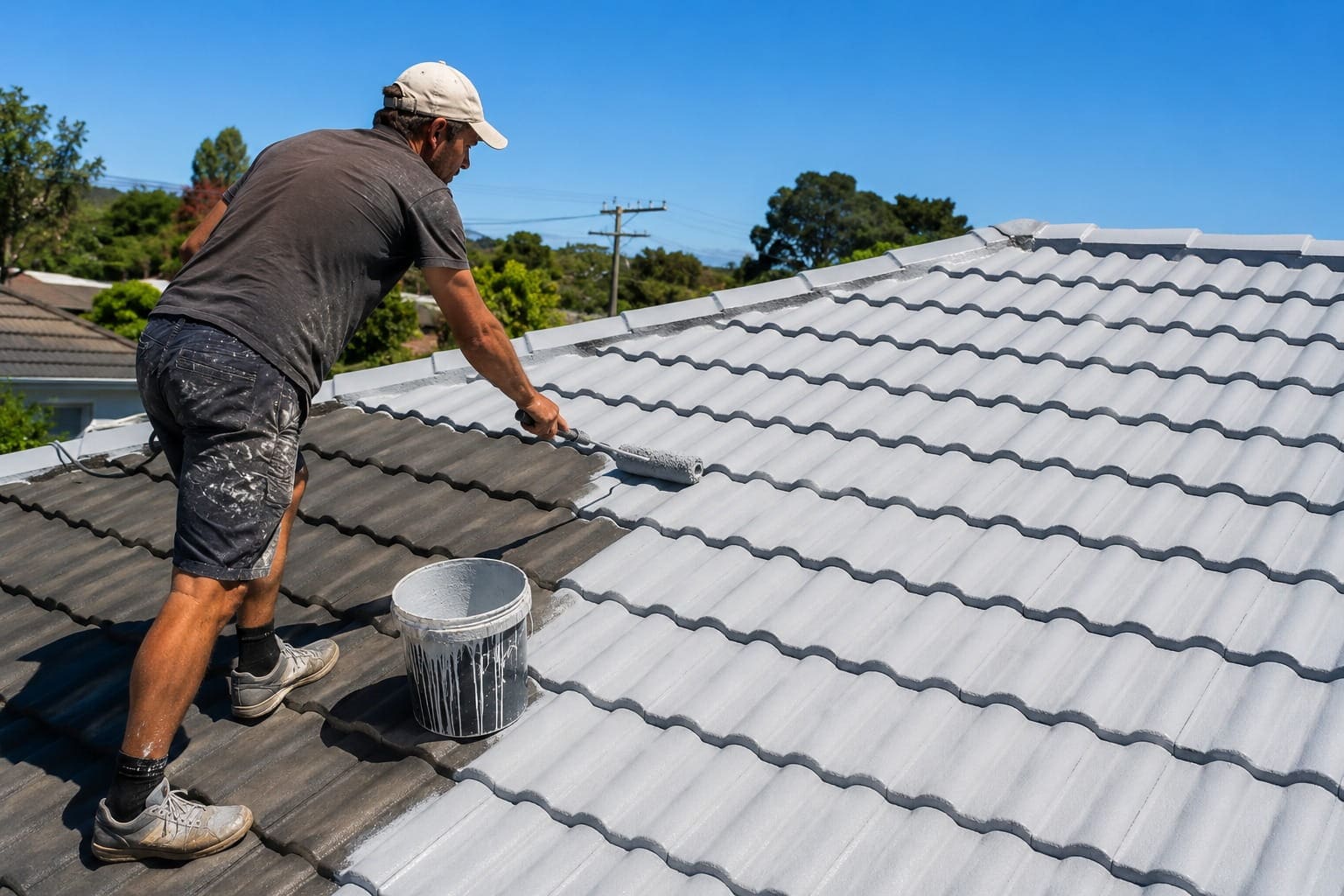 Roof painter applying coating to a tile roof in Wellington